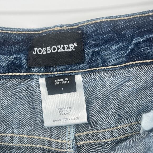 Vintage Y2K Joe Boxer Patchwork Denim Mini Skirt Sz 7 Retro Frayed Jean Festival - Picture 5 of 7